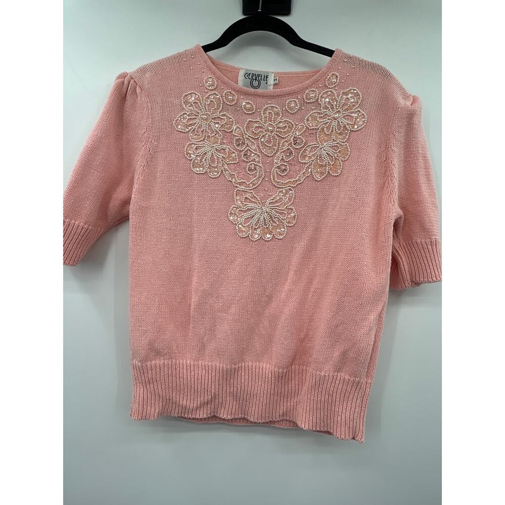 Cervelle Pink Beaded Sweater Top Size M Embellished Short Sleeve Coquette Girly
